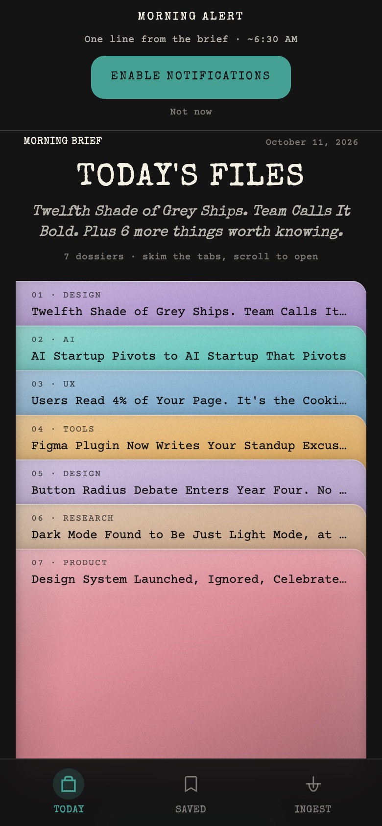 Today's Files: seven stories fanned out as a stack of coloured folders.