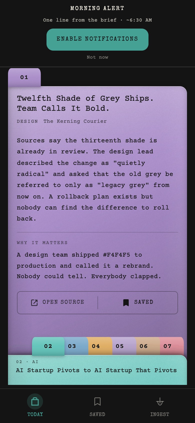 An open folder filling the screen, with tabs 02 to 07 along the bottom and the next title peeking above them.