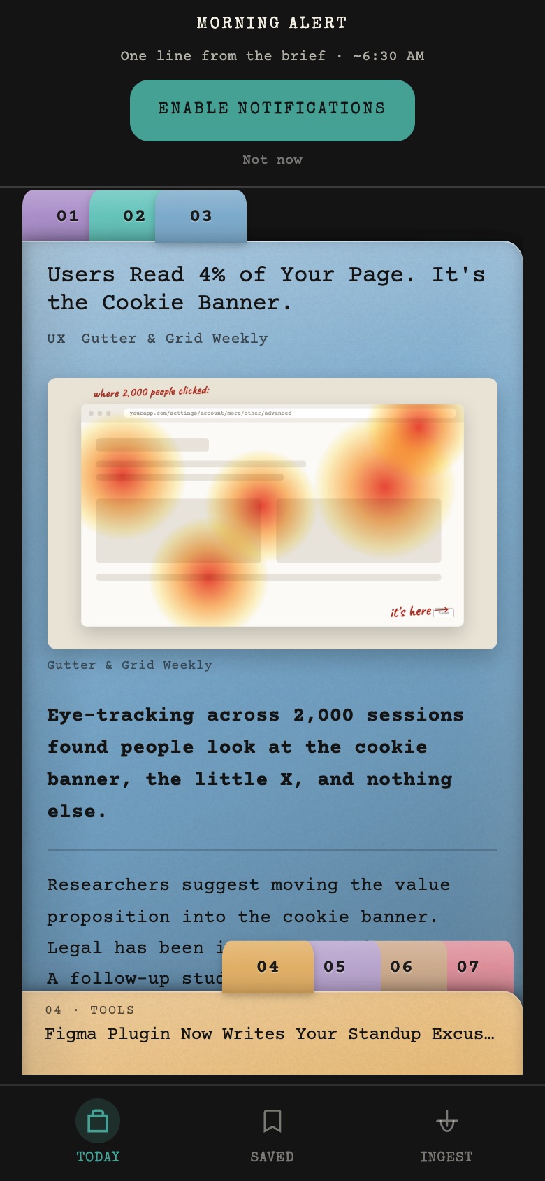 A folder with a heatmap illustration, a bold teaser and the summary below it, read tabs along the top.