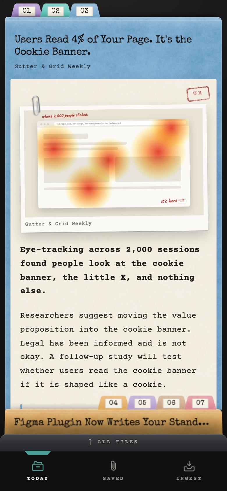 An open folder: a typed paper sheet with a paper-clipped photo and a red UX stamp.