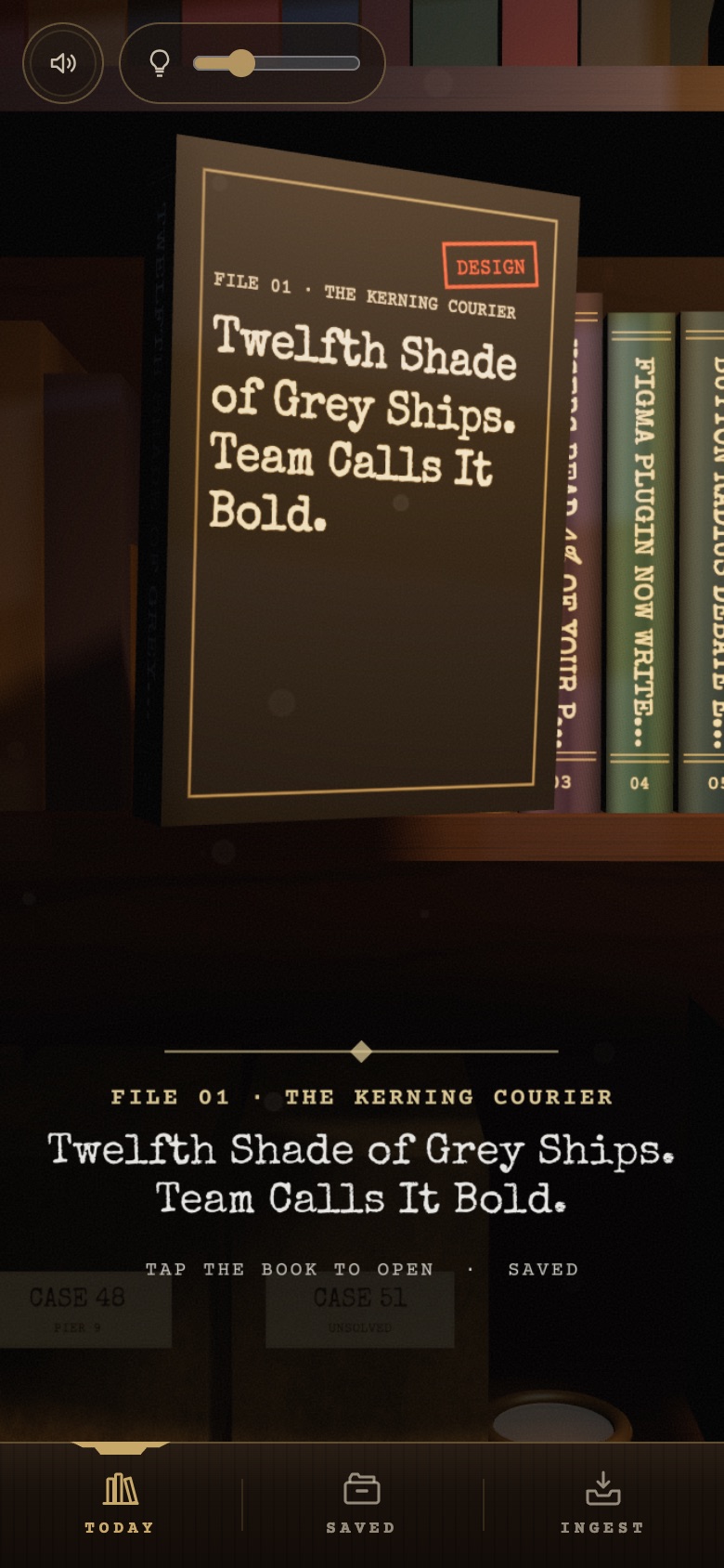 One book slid out of the shelf with its cover turned to the camera, the file title floating below it.
