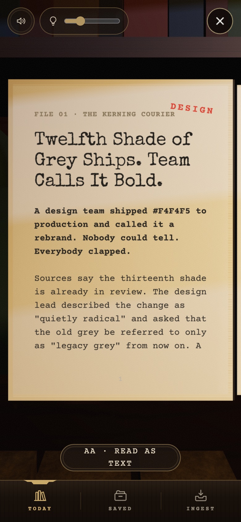 Before: the AA READ AS TEXT pill wrapping onto two lines over the bottom of the page.