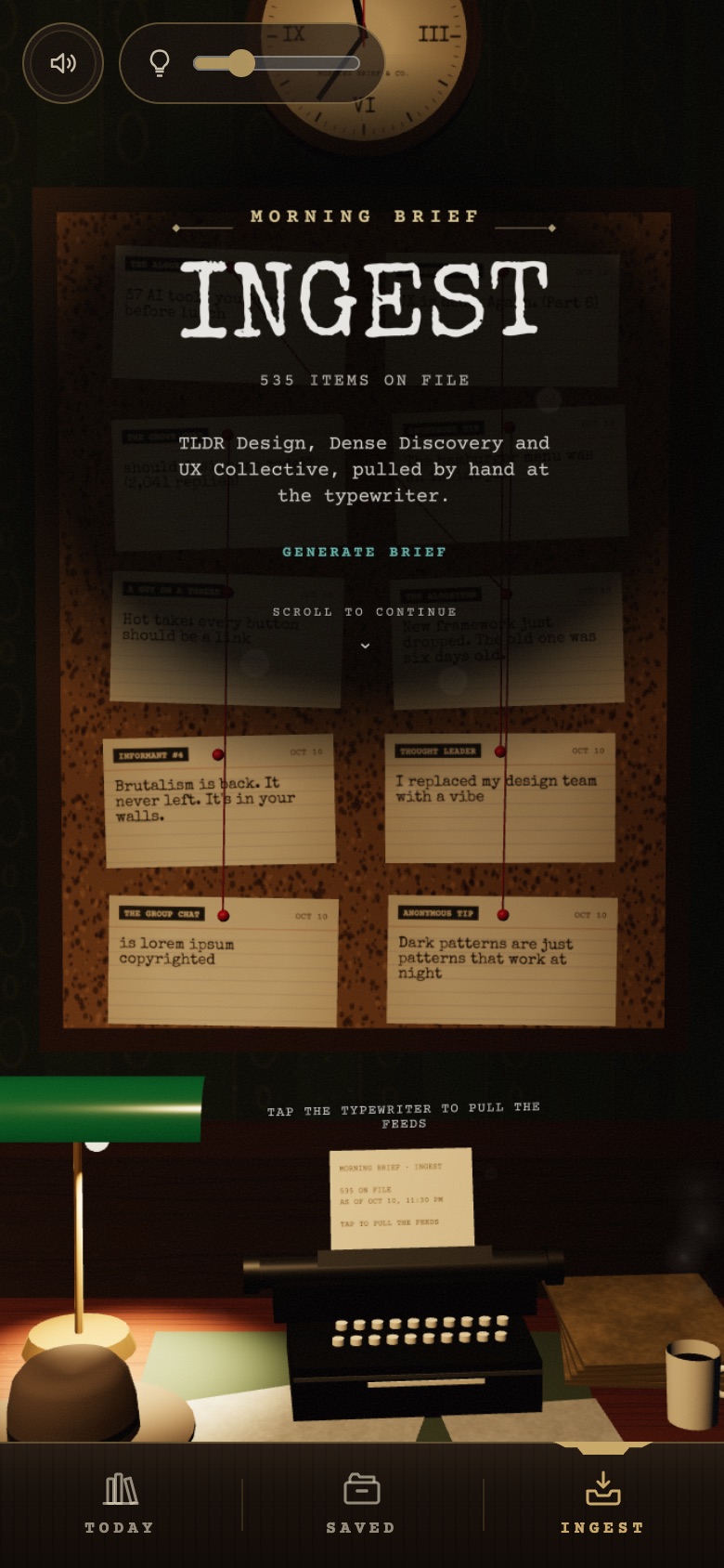 INGEST lettered over a corkboard of typed index cards strung with red thread, above a desk with a typewriter, a green banker's lamp and a mug.