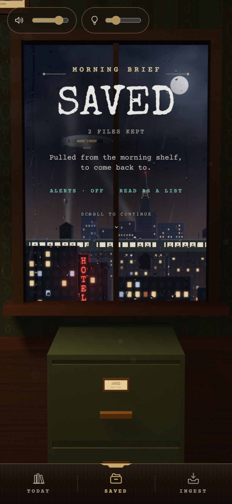 After: the window with layered towers, the HOTEL sign, an airship and an elevated train crossing with its windows lit.