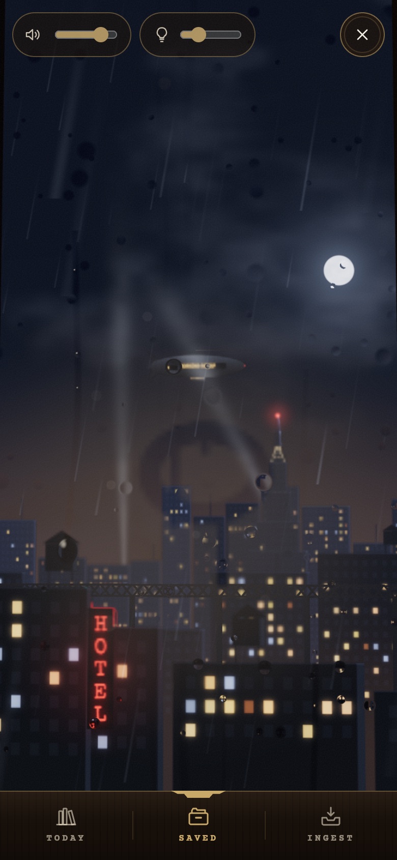 A loop drawn in the breath mist on the glass, a clear ring with a drip running down from it, the city behind.