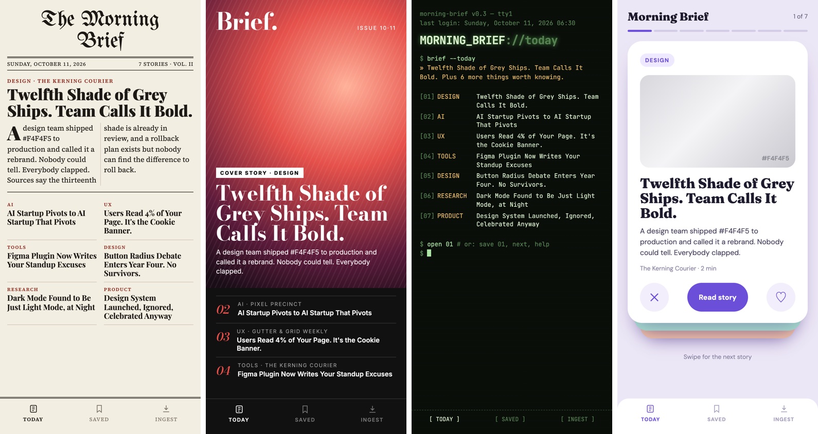 Four style explorations of the same brief: a broadsheet morning paper, a red magazine cover, a green terminal and lavender swipeable story cards.